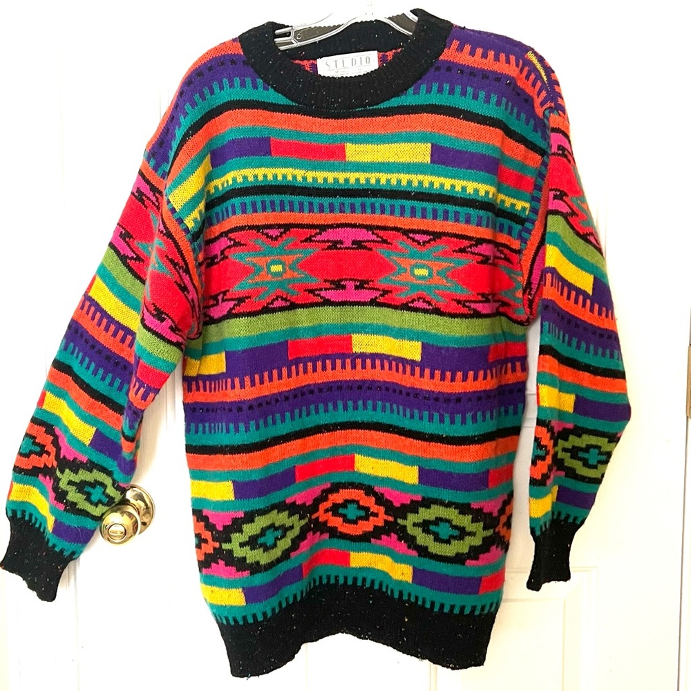 Studio Michelle Stuart Colorful Native American Print Wool Blend Sweater, Medium